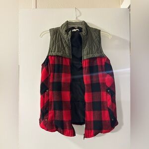 Maurices Red and Black Plaid Vest with Olive Quilted Shoulders